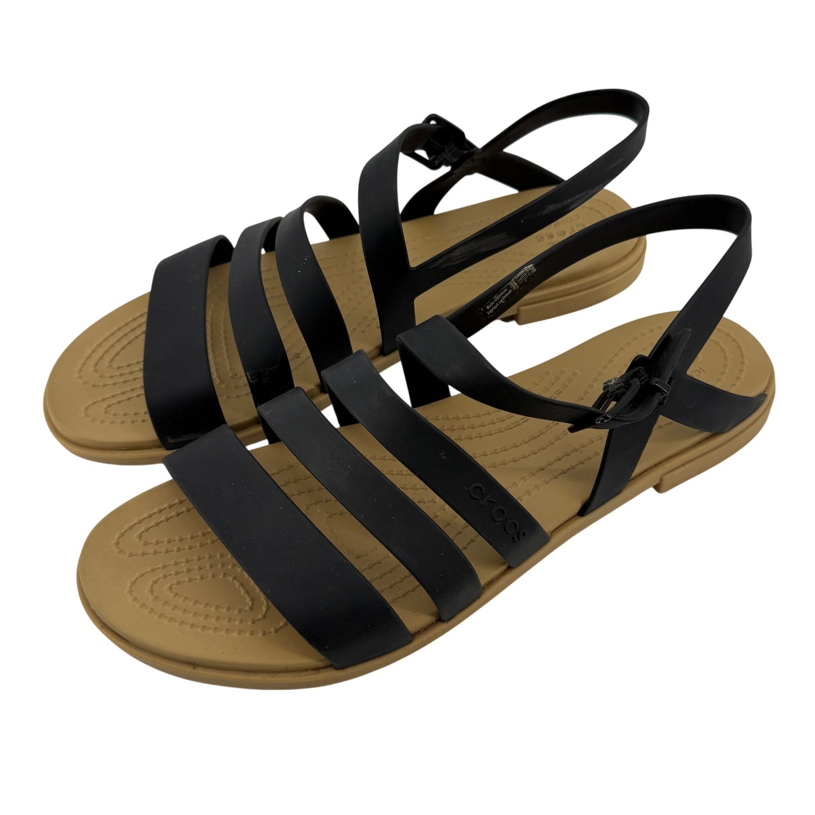 Crocs Tulum Sandal Black Tan Women 11 Strappy Summer Buckle Adjustable Strap